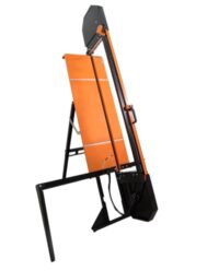 ROKAMAT Tigris 1250 CX Akumulatorowa przecinarka izolacyjna 2x akumulator 18V 5.2Ah i ładowarka w drewnianej walizce (54000-a) Industrial orange-and-black folding machine or mounting frame with a vertical orange panel and supporting legs; appears to be a heavy-duty fabrication tool.