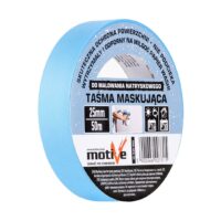 Blue masking tape roll with label indicating 25 mm x 50 m, a blue painter's tape product (Taśma maskująca).”,”Blue painter’s masking tape on a roll, 25 mm wide and 50 m long, shown with its packaging.,”,”Close-up of a blue masking tape roll with Polish product branding reading Taśma Maskująca.,”,”Masking tape on a blue roll used for painting, shown with its product label.