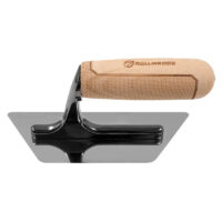 Wooden-handled tile trowel with a wide metal blade for spreading mortar or adhesive.