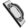 Window cleaning squeegee with a black handle and metal frame on a white surface