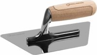 Finishing trowel with a wooden handle and shiny metal blade for plaster work.