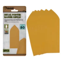 Pack of six Detail Pointer Sander refill pads in yellow, shown with packaging labeled 'Detail Pointer Sander Refills' (Grit 80).