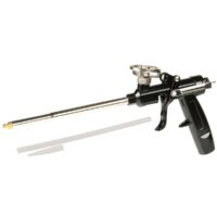 Caulking gun with a long metal nozzle and black handle, used for sealing joints with caulk.
