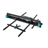 Rail-guided track saw with a sliding carriage for precise straight cuts in woodworking. The setup includes blue accents, long aluminum rails, and a mounted saw head at one end.