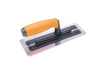 Orange-handled plastering trowel with a flat metal blade angled for smoothing surfaces
