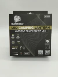 ROLLINGDOG, Latarka LED powerbank 4500 mAh USB C IP2003 INDIAN PROFESSIONAL (IP2003) Packaging box for an Indian Professional LED Camping Lantern with gold stripe and wave design, showing product name and icons on the front.