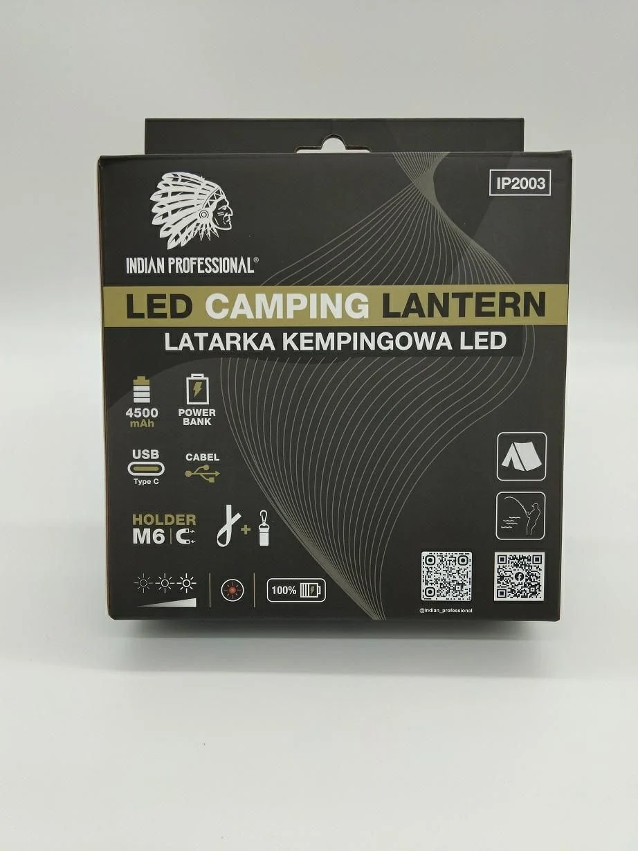 ROLLINGDOG, Latarka LED powerbank 4500 mAh USB C IP2003 INDIAN PROFESSIONAL (IP2003) Packaging box for an Indian Professional LED Camping Lantern with gold stripe and wave design, showing product name and icons on the front.
