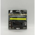 Packaged LED headlamp with a bright yellow strap on a black display card; text reads 'LED HEADLAMP 300LM' with USB-C and IPX4 waterproof icons.