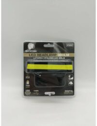 Packaged LED headlamp with a bright yellow strap on a black display card; text reads 'LED HEADLAMP 300LM' with USB-C and IPX4 waterproof icons.