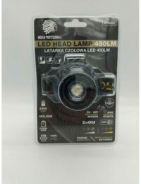ROLLINGDOG, LATARKA LED CZOŁOWA 450LM POWER BANK 2400mAh PREMIUM INDIAN PROFESSIONAL (IP2002) Packaging for Indian Professional LED head lamp, 450 lm, showing headlamp with adjustable strap, icons for infrared sensor and side switch, USB-C port, and replaceable batteries.