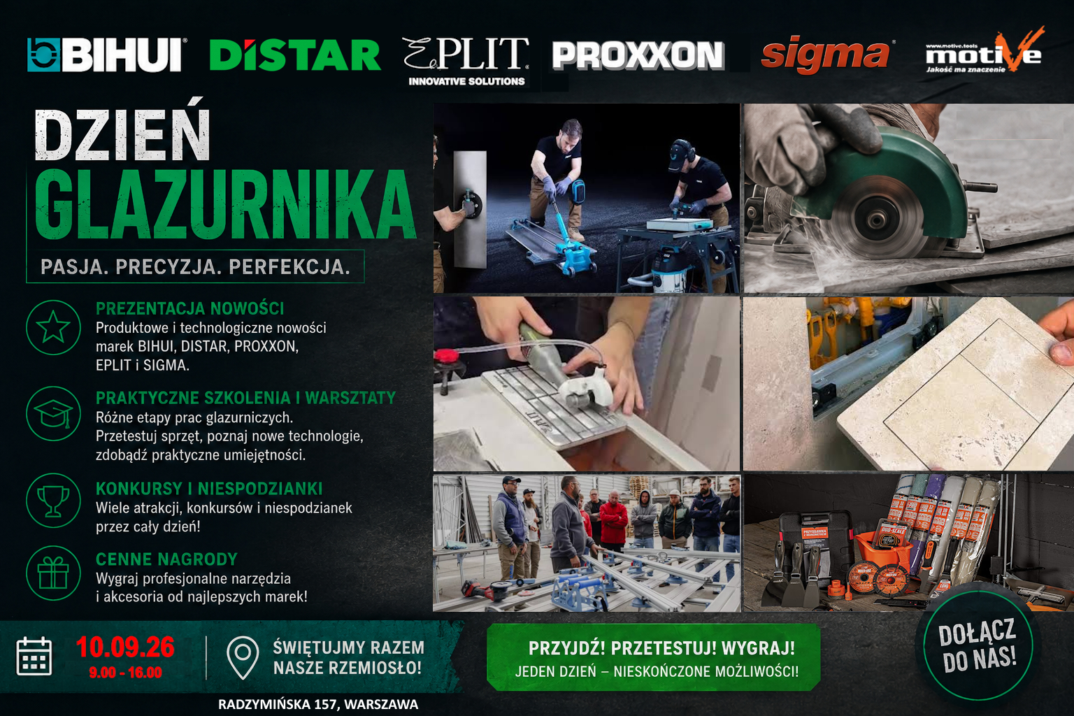 Bold Polish trade-show poster for 'Dzień Glazurnika' with logos, left text block and right collage of tools and tiling scenes, CTA and date at bottom (event promo).