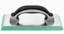 Handheld seam roller with a black curved handle and light gray body resting on a mint surface.