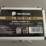 Case for drill bits set M14 by Indian Professional, sizes 6, 8, 10, 12, 25, 35, 68 mm, in a black/silver metal case.