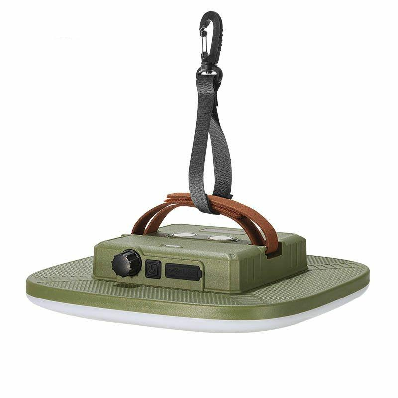 ROLLINGDOG, Latarka LED powerbank 4500 mAh USB C IP2003 INDIAN PROFESSIONAL (IP2003) Green textured platform device with a brown leather handle, black control knob, and a hanging gray strap with a carabiner.