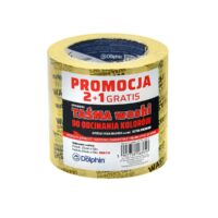 Blue Dolphin Taśma malarska washi 35 mm 50 m WASHI do odcinania kolorów – zestaw 2+1 GRATIS (WT2P_63816) Yellow roll of painter's tape with a bold promotional label reading 'PROMOCJA 2+1 GRATIS' and brand dolphin visible on the label pasting a white and black sticker at the front.